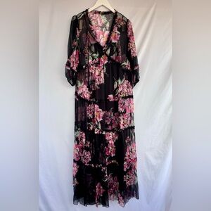 Black and Pink Floral Maxi Tiered Gown
